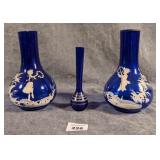 3 Cobalt Glass Vases - 2 w/ 'Mary Gregory' Decor