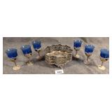 Silver Plated Tray & Cobalt Dragon Cordial Glasses