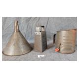 Large Funnel, Grater, & Bromwell's Sifter