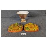 Two Chalkware Wine Plaques & a Bisque Planter