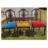 3 Jacobean Revival Chairs w/ Velvet Seats