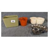 Two Pottery Planters, Glass Planter & Tray