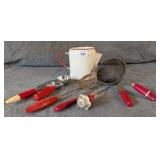 Enamelware Pitcher w Red Handled Kitchen Utensils