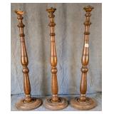 3 Large Turned Oak Candlesticks some issue