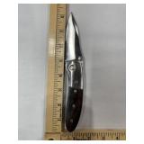 Stainless steel pocket knife, wood grain handle,