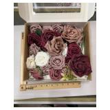Box of misc fake flowers, mostly roses, various