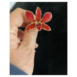 Red Enamel flower pin with gold tone trim