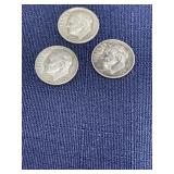 .90 silver 3 Roosevelt dimes 1950 1953 1954