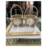 Lot of 2 burlap baskets with faux pearl handles