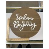 Circular wood sign, wedding, Welcome to our