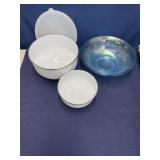 Serving bowls glass and metal, and one storage