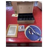 Mixed items, cash box, picture frame coasters