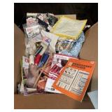 Box lot of crafting, fabric, 80s crochet books