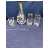 Etched glass decanter w gold trim, 2 matching