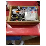 Lot electrical hardware in 10x16x5 wood crate