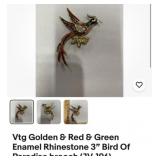 Vintage bird rhinestone enamel brooch PIN Gold,