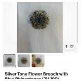 Vintage blue rhinestone brooch, PIN gold tone