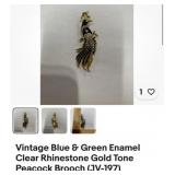 Vintage enamel rhinestone peacock, bird brooch,