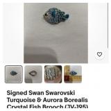 Vintage Fish brooch PIN blue rhinestone silver