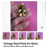 Vintage Asian gold TONE cabochon brooch pin