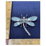Silvertone dragonfly brooch pin with light blue