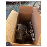 Box lot of old tools, hardware, miscellaneous