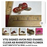 Signed Avon red enamel hat brooch pin