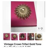 Vintage Crown Trifari 2.4 inch gold tone sun pin