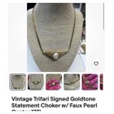 Vintage signed TRIFARI gold tone faux pearl