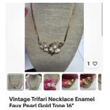 Vintage TRIFARI 16 inch enamel pearl gold tone