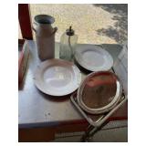 Vintage plates, metal trays, glass bottle, small
