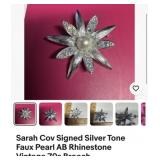 Sarah Cov signed silver tone faux pearl AB