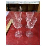 Four 5-inch etched cordial glasses