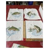 8 vintage linen fabric pcs with fish prints for