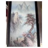 14x26 framed Vintage Asian art on canvas signed