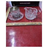 Vintage cut glass creamer & sugar with silver lid