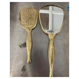 Vintage gold and white tone hand mirror and hair