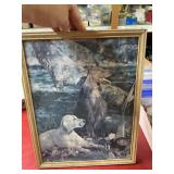 Vintage 11x14 framed hunting dogs print glass is
