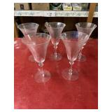 Five 8-inch etched glass water goblets wine