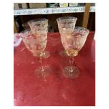 4 vintage Fostoria ? yellow etched wine glasses