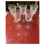 Five 8-inch etched wine glasses water glasses