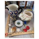 Vintage ceramics pitcher, glass bunny, etc.