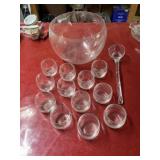 Vintage glass punch bowl with ladle and 12
