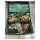 Vintage Green jewelry box with jewelry inside