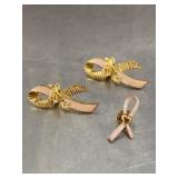 3 gold and pink toned breast cancer ribbon pins