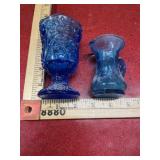 Old blue glassware tiny pitcher and tiny urn