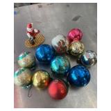 Vintage glass ornaments with wooden santa ornament