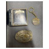 Vintage brass Jim Beam belt buckle and keychain