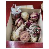 Box with vintage red/maroon/pink ornaments