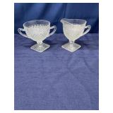 English Hobnail glass square footed sugar and